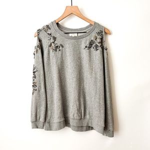Deletta Beaded Embroidery Solid Gray Shoulder Cut Out Crew Neck Sweatshirt Small